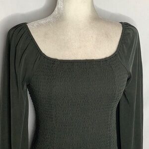 Bohme Smocked Boho Puff Sleeve Square Neck Blouse Size M Dark Olive